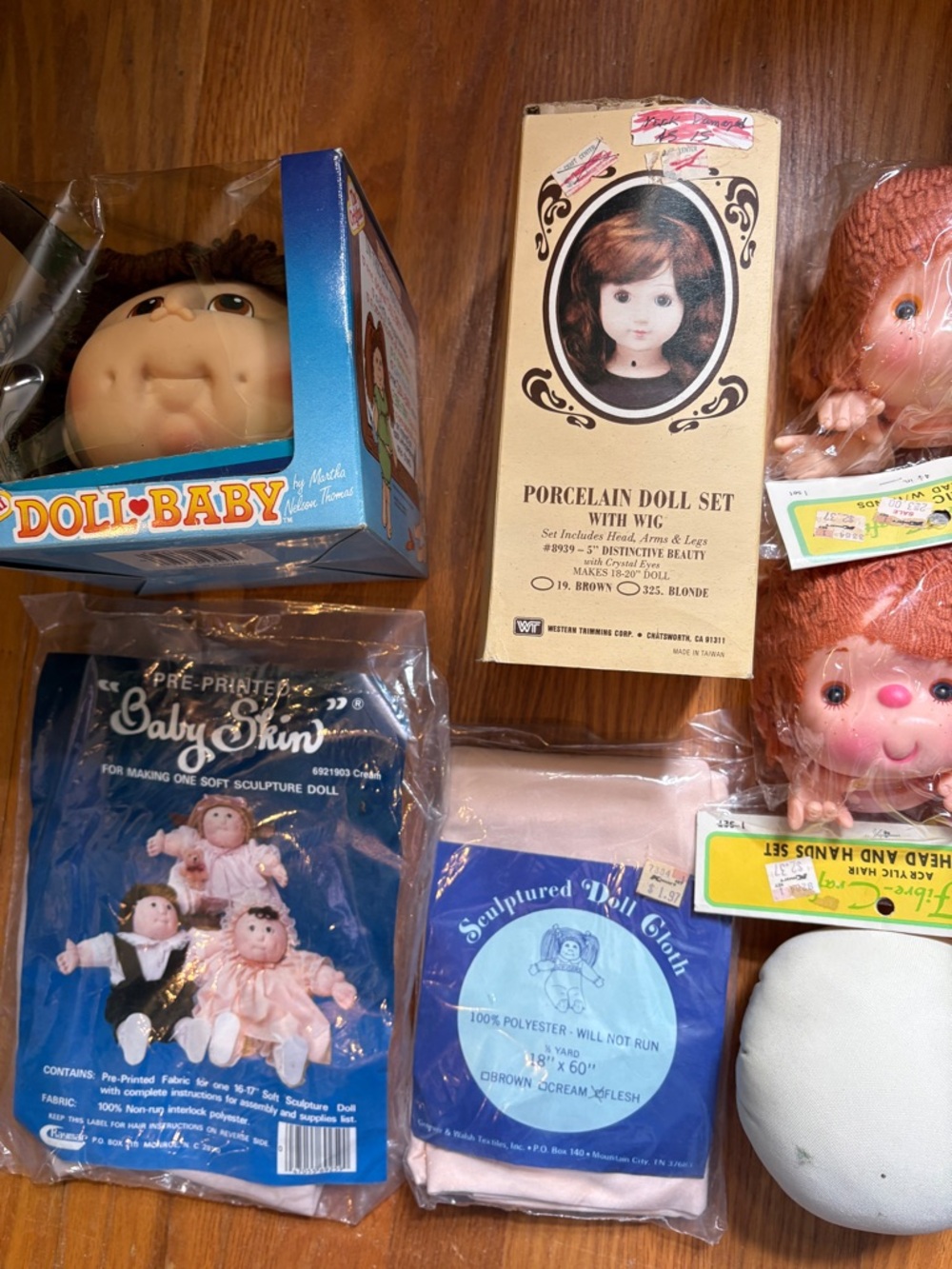 Vintage Porcelain Doll Set + Doll Making Supplies - Brown & Pink